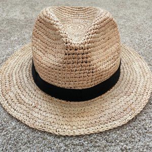 J.Crew Wide-Brim Packable Straw Hat, Raffia with Black Ribbon, Size M-L